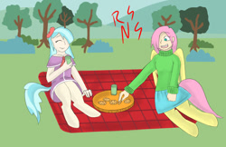 Size: 1024x663 | Tagged: safe, artist:nitro-san, oc, oc only, oc:cici, oc:ivy, satyr, clothes, cookie, female, ivy leaf, offspring, parent:coco pommel, parent:fluttershy, picnic, sweater