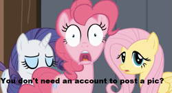 Size: 637x347 | Tagged: safe, derpibooru import, edit, edited screencap, screencap, fluttershy, pinkie pie, rarity, oc, oc:anon, earth pony, pegasus, pony, unicorn, the last roundup, background pony, caption, d:, derpibooru, no account, open mouth, shock, slowpoke, surprised, trixiebooru, uvula, wide eyes