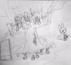 Size: 2061x1886 | Tagged: safe, artist:infinitydash, derpibooru import, apple bloom, scootaloo, sweetie belle, rabbit, clubhouse, crusaders clubhouse, cutie mark crusaders, monochrome, pencil drawing, sketch, traditional art, treehouse, wip