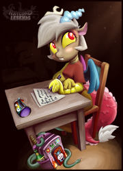 Size: 869x1209 | Tagged: safe, artist:az-pekt, derpibooru import, discord, eris, snake, adoreris, chair, cute, desk, raycord legends, rule 63, rule63betes, sitting, solo, writing