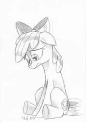 Size: 2480x3507 | Tagged: safe, artist:saturdaymorningproj, apple bloom, on your marks, monochrome, sad, solo, traditional art