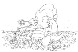 Size: 1032x690 | Tagged: safe, artist:carnifex, barb, spike, dragon, flower, monochrome, rule 63