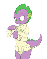 Size: 674x837 | Tagged: safe, artist:carnifex, barb, spike, anthro, dragon, boob window, bottomless, clothes, female, keyhole turtleneck, open-chest sweater, rule 63, simple background, solo, sweater, turtleneck, white background