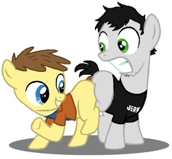 Size: 924x858 | Tagged: safe, butt bump, butt to butt, butt touch, chris, crossover, dan, dan vs, filly, ponified