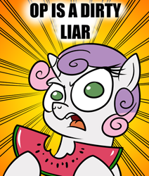 Size: 500x589 | Tagged: safe, artist:catfood-mcfly, derpibooru import, sweetie belle, angry, explicit source, fury belle, looking at you, op is a dirty liar, paradox, reaction image, solo, watermelon