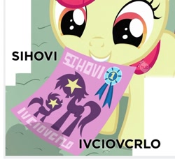 Size: 970x885 | Tagged: safe, derpibooru import, edit, edited screencap, screencap, apple bloom, sisterhooves social, composite screencap, cropped, mouth hold, poster, sihovi, wat, written equestrian