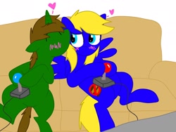 Size: 2048x1536 | Tagged: artist needed, safe, blushing, gay, heart, kiss on the cheek, kissing, male, pewdiepie, playing, ponified, sofa, tobuscus