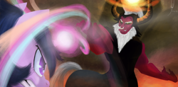 Size: 6732x3300 | Tagged: safe, artist:rixnane, derpibooru import, lord tirek, twilight sparkle, twilight sparkle (alicorn), alicorn, pony, twilight's kingdom, absurd resolution, female, magic, mare, super saiyan princess, twilight vs tirek