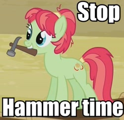 Size: 307x298 | Tagged: safe, apple family reunion, apple dumpling, apple family member, hammer, hammer time, image macro, mc hammer, meme, mouth hold, solo