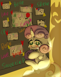 Size: 667x834 | Tagged: safe, artist:misocha, sweetie belle, crying, foalnapping, kidnapped, offscreen character, pixiv, sad, shadow, solo, stalker, stalker shrine