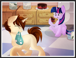 Size: 1800x1375 | Tagged: safe, artist:blackfreya, derpibooru import, twilight sparkle, twilight sparkle (alicorn), alicorn, pony, cake, crossover, crossover shipping, eating, female, food, jar, kitchen, mama twilight, mare, peter parker, pickle jar, ponified, pregnant, spider-man, spiders and magic ii: eleven months, spiders and magic: rise of spider-mane, spidertwi