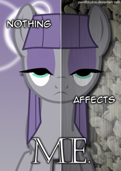 Size: 2480x3508 | Tagged: safe, artist:phinpie, derpibooru import, maud pie, pony, apathy, bored, hair, lidded eyes, parody, rain, rock, solo, two sided posters, vector