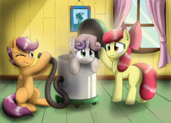 Size: 3368x2421 | Tagged: safe, artist:otakuap, derpibooru import, apple bloom, scootaloo, sweetie belle, cutie mark crusaders, dirty, high res, noodle incident, vacuum cleaner