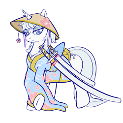 Size: 1000x1000 | Tagged: safe, artist:lyritwolf, oc, oc only, oc:morning dew, pony, unicorn, clothes, hat, katana, kimono (clothing), samurai, solo, straw hat, sword, wakizashi, weapon