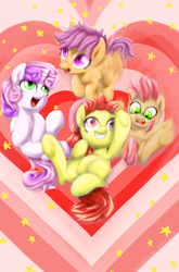 Size: 1370x2080 | Tagged: safe, artist:baitoubaozou, derpibooru import, apple bloom, babs seed, scootaloo, sweetie belle, cutie mark crusaders, fluttering, the powerpuff girls, wing buzz