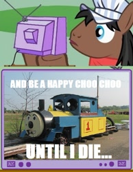 Size: 482x621 | Tagged: safe, derpibooru import, full steam, promontory, charlie the choo-choo, creepy, exploitable meme, image macro, meme, obligatory pony, ohio, stephen king, the dark tower, thomas the tank engine, train, tv meme