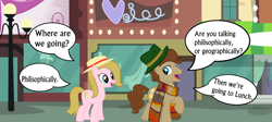 Size: 1240x556 | Tagged: safe, artist:fedora, doctor whooves, adorkable, boater hat, city of death, doctor who, dork, fedora, fourth doctor, hat, ponified, romana, romana ii, speech bubble