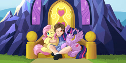 Size: 2000x1000 | Tagged: safe, artist:pusspuss, derpibooru import, fluttershy, twilight sparkle, twilight sparkle (alicorn), alicorn, human, pony, clothes, commission, cute, female, hug, human in equestria, looking at you, mare, one eye closed, open mouth, smiling, twilight's castle