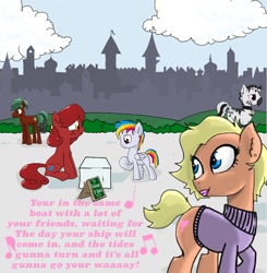 Size: 752x768 | Tagged: safe, artist:kill joy, derpibooru import, oc, oc only, oc:glitzin glamor, oc:jalatti, oc:kissing kings, oc:oily puddles, oc:tabasco sauce, oc:tomato soup, canterlot, musical number