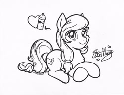 Size: 3308x2552 | Tagged: safe, artist:latecustomer, derpibooru import, oc, oc only, oc:cream heart, black and white, commission, cutie mark, grayscale, monochrome, smiling, solo