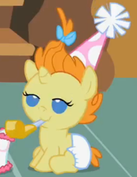 Size: 452x583 | Tagged: safe, screencap, pumpkin cake, pony, baby cakes, baby, baby pony, cute, dawwww, diaper, diapered, diapered filly, female, filly, happy, happy baby, hat, lidded eyes, noisemaker, party hat, party horn, sitting, smiling, solo, white diaper