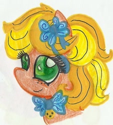 Size: 505x560 | Tagged: safe, artist:blanquiwiis, derpibooru import, applejack (g1), g1, bow, solo, traditional art