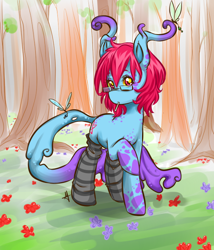 Size: 600x700 | Tagged: safe, artist:tiki-sama, derpibooru import, oc, oc only, oc:cteno, bug pony, hybrid, insect, original species, pony, clothes, dappled, female, flower, forest, get, glasses, looking at you, mare, monster mare, mouth hold, nature, raised hoof, socks, solo, striped socks