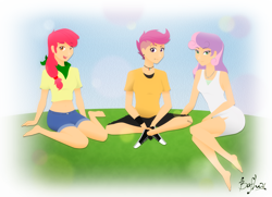 Size: 6114x4433 | Tagged: safe, artist:bafho, derpibooru import, apple bloom, scootaloo, sweetie belle, human, absurd resolution, barefoot, cutie mark crusaders, feet, humanized, mohawk, older