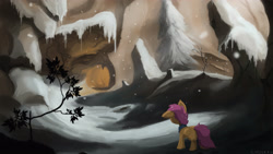 Size: 4000x2250 | Tagged: safe, artist:fuzzyfox11, derpibooru import, scootaloo, scenery, snow, snowfall, solo