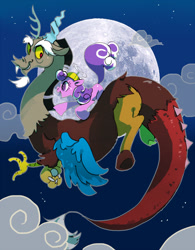 Size: 618x792 | Tagged: safe, artist:pasikon, discord, screwball, cloud, cloudy, daddy discord, flying, hat, moon, night, pixiv, propeller hat, riding, swirly eyes