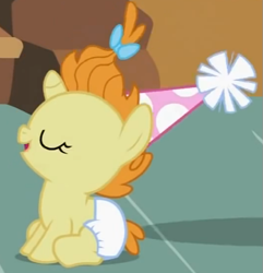 Size: 567x589 | Tagged: safe, screencap, pumpkin cake, pony, unicorn, baby cakes, baby, baby pony, cute, diaper, diapered, diapered filly, eyes closed, female, filly, foal, happy, happy baby, hat, one month old filly, open mouth, party hat, sitting, smiling, solo, white diaper