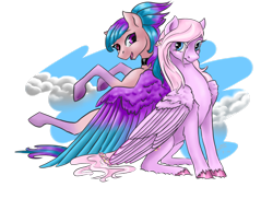 Size: 1024x744 | Tagged: safe, artist:dragonademetal, derpibooru import, oc, oc only, oc:shiny dawn, oc:sugar bloom, pegasus, pony, cloud, cute, duo, fluffy, freckles, looking at you, looking back, open mouth, simple background, sitting, smiling, transparent background, underhoof, unshorn fetlocks, wing fluff