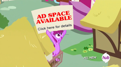 Size: 500x278 | Tagged: safe, edit, edited screencap, screencap, berry punch, berryshine, testing testing 1-2-3, all new, berry's sign, exploitable meme, hub logo, meme, not an ad, solo, text