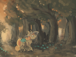 Size: 800x600 | Tagged: safe, artist:celestiawept, derpibooru import, junebug, basket, flower, forest, hat, looking away, solo, walking