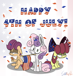 Size: 1500x1554 | Tagged: safe, artist:slitherpon, derpibooru import, apple bloom, scootaloo, sweetie belle, 4th of july, american independence day, cutie mark crusaders, hot dog, independence day, moody mark crusaders