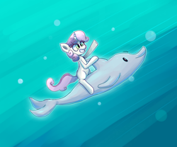 Size: 1200x1000 | Tagged: safe, artist:senx, sweetie belle, dolphin, pony, unicorn, for whom the sweetie belle toils, female, filly, white coat