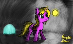 Size: 1024x614 | Tagged: safe, artist:brightstarclick, derpibooru import, oc, oc only, oc:bright star, cave, colors! 3d, levitation, light, magic, orb, puzzled look, saddle bag, solo