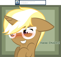 Size: 1280x1189 | Tagged: safe, artist:suenden-hund, trenderhoof, ask, blushing, cute, embarrassed, floppy ears, glasses, grin, smiling, solo, trenderhoof replies, tumblr