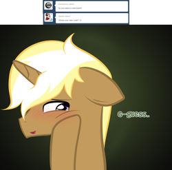 Size: 1280x1267 | Tagged: safe, artist:suenden-hund, trenderhoof, ask, blushing, guess, solo, trenderhoof replies, tumblr