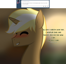 Size: 1280x1242 | Tagged: safe, artist:suenden-hund, trenderhoof, ask, blushing, female, male, shipping, smiling, solo, straight, trenderhoof replies, trenderjack, tumblr