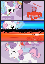 Size: 3508x4961 | Tagged: safe, artist:replaymasteroftime, sweetie belle, crab, comic, crab battle, descriptive noise, glare, magic, pinch, question mark, running, sweetie fighting a tiny crab, tiara, wooden sword, yelling