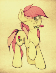 Size: 967x1244 | Tagged: safe, artist:agletka, derpibooru import, roseluck, mouth hold, pixiv, rose, solo, traditional art