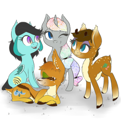 Size: 1024x1024 | Tagged: safe, artist:grandifloru, derpibooru import, oc, oc only, oc:clover bud, oc:crescent call, oc:mist chaser, oc:prism, bat pony, deer pony, original species, gazelle pony