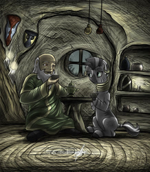 Size: 1024x1177 | Tagged: safe, artist:slawomiro, zecora, human, zebra, avatar the last airbender, crossover, iroh, tea, zecora's hut