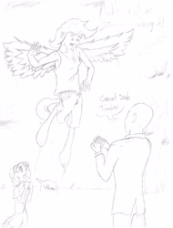 Size: 3667x4830 | Tagged: safe, artist:vinny, derpibooru import, oc, oc only, oc:anon, oc:mumble, oc:timber, satyr, flying, group shot, monochrome, offspring, parent:fluttershy, parent:pinkie pie, pencil drawing, traditional art