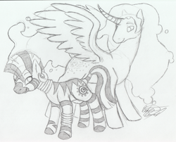 Size: 897x726 | Tagged: safe, artist:tatta-kasame, derpibooru import, zecora, oc, alicorn, pony, zebra, alicorn oc, monochrome, traditional art