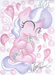 Size: 1728x2352 | Tagged: safe, artist:jackie00liza, derpibooru import, diamond tiara, rabbit, cute, daaaaaaaaaaaw, diamondbetes, eyes closed, heart, hug, solo, traditional art