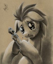 Size: 600x721 | Tagged: safe, artist:muffyn-man, doctor whooves, crying, doctor who, solo, sonic screwdriver