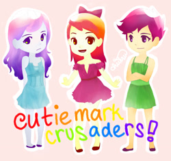 Size: 2401x2259 | Tagged: safe, artist:chiieru, apple bloom, scootaloo, sweetie belle, human, clothes, colored skin, cutie mark crusaders, dress, humanized, pony coloring
