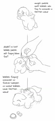 Size: 477x1052 | Tagged: safe, artist:carpdime, derpibooru import, fluffy pony, pegasus, pony, balloon, crying, fluffy pony foal, hugbox, monochrome, sadbox